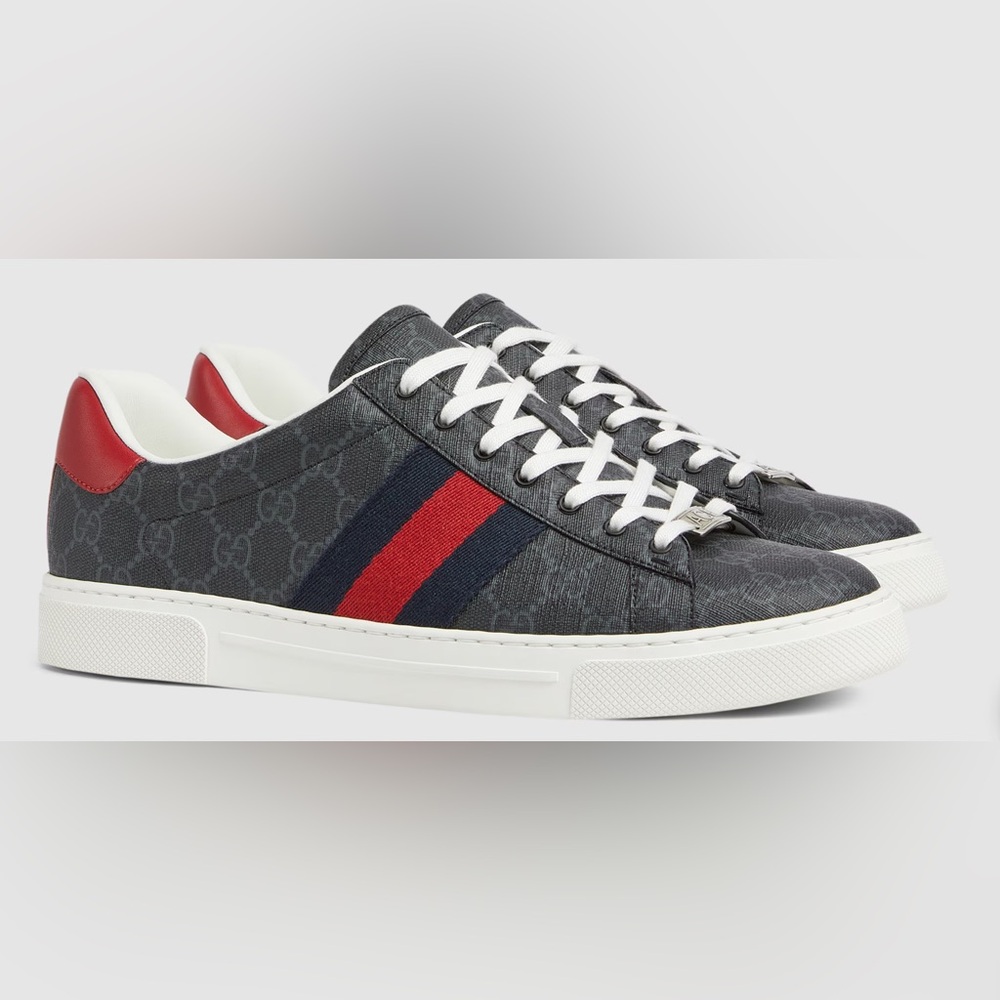 GUCCI - MEN'S ACE SNEAKER WITH WEB - Black GG Supreme Canvas - NEW
